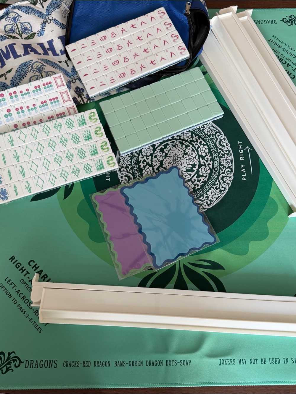 Mahjong Set with Tiles, Mat and Racks - NEW seafoam green